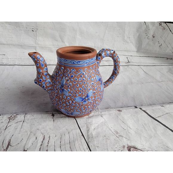 VTG Terra Cotta Clay Handmade Chinese Enamel Blue Butterflies Yixing Teapot 5 In - Picture 7 of 11